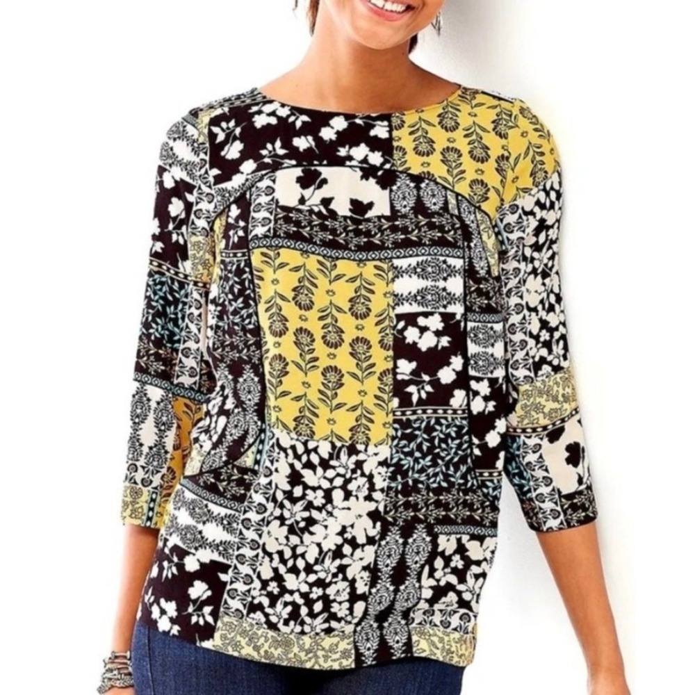 J. Jill Patchwork Flowy Top Sz M Lightweight Rayon Old‎ Money Quiet Cozy Luxury